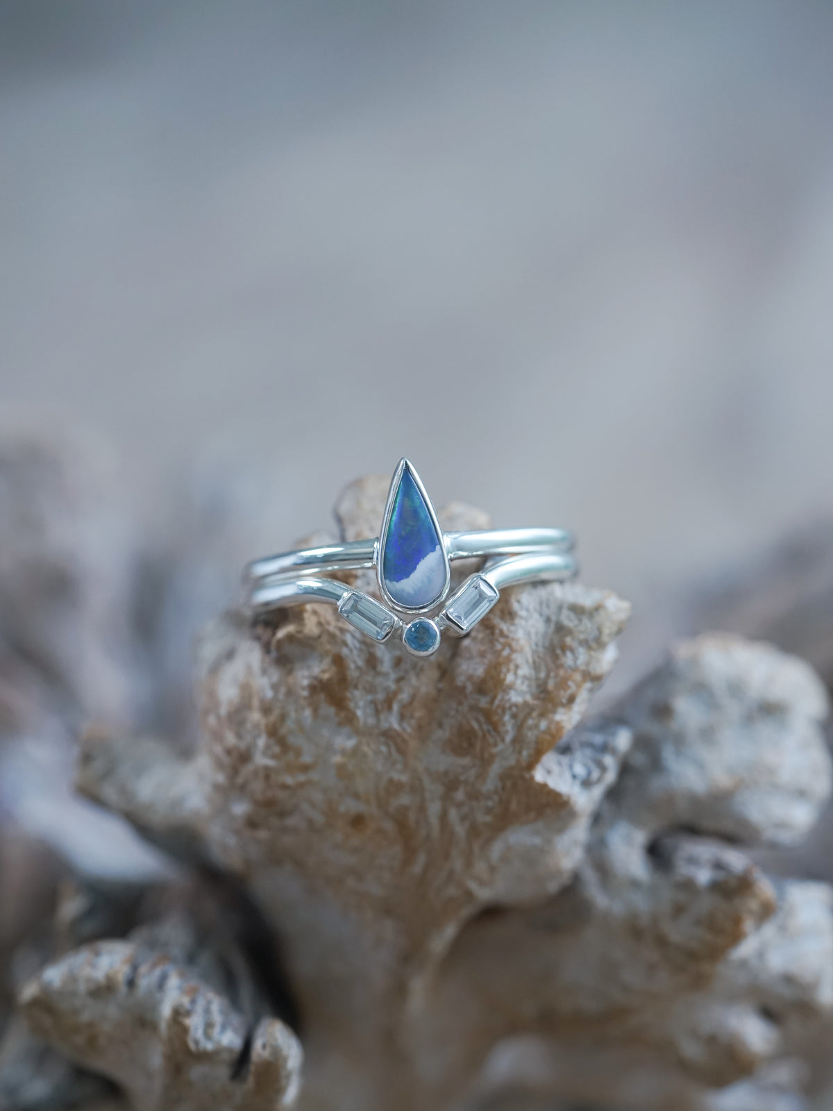 Blue Opal, Aquamarine and Zircon Ring Set in recycled sterling silver