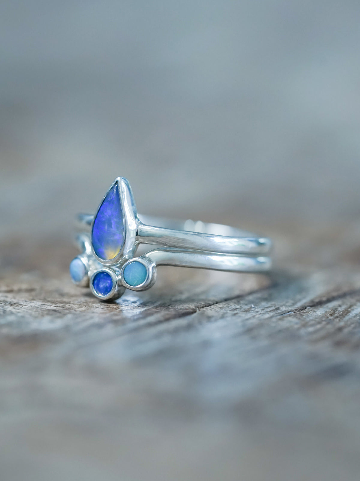 Blue Opal and Turquoise Ring Set in recycled sterling silver