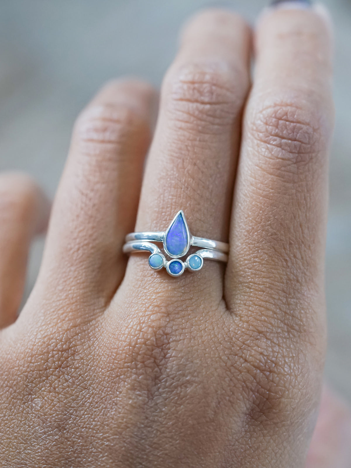Blue Opal and Turquoise Ring Set in recycled sterling silver size 7