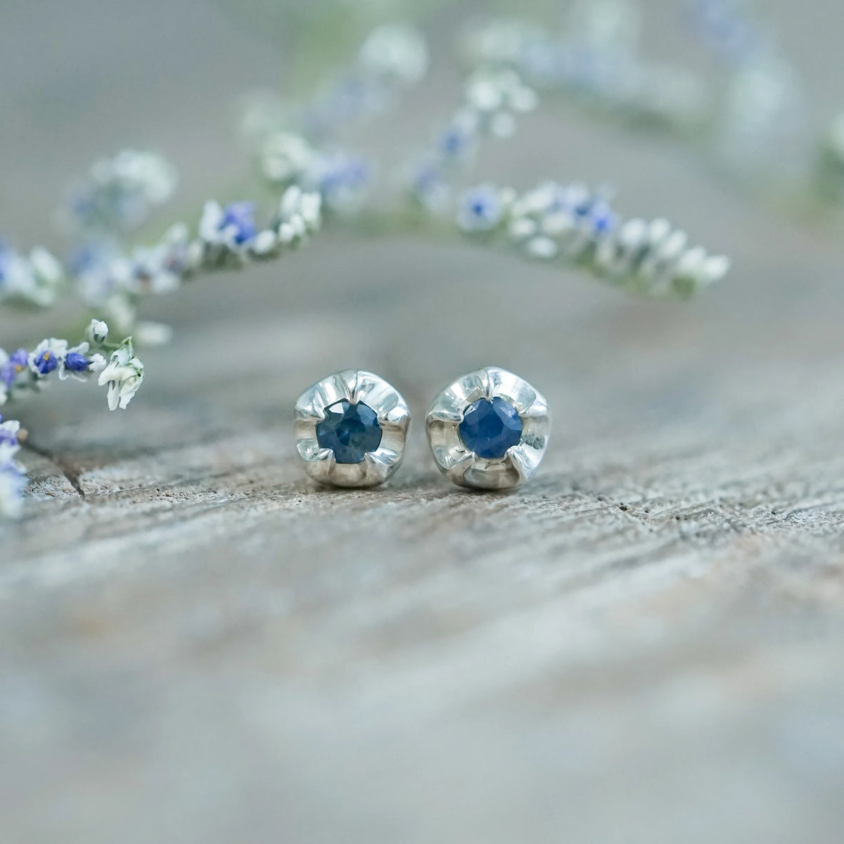 Blue Sapphire Flower Stud Earrings