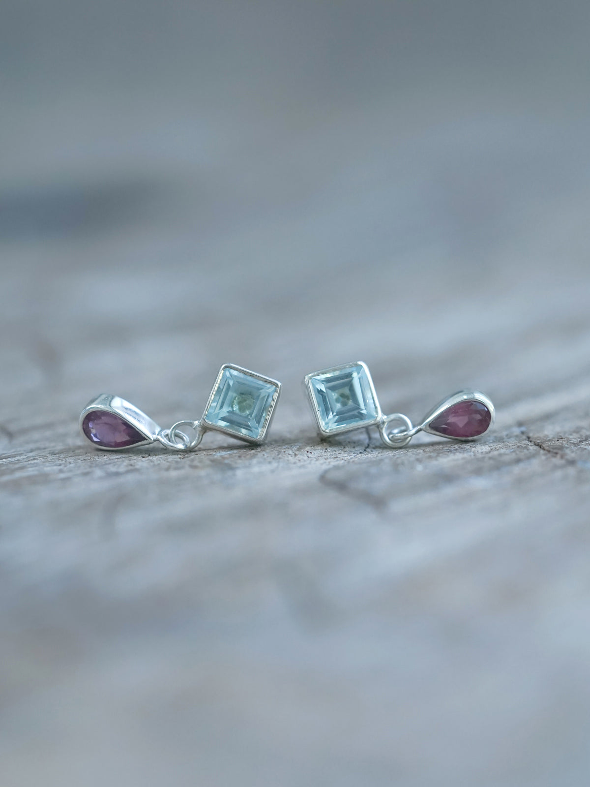Blue Topaz and Garnet Earrings in recycled sterling silver