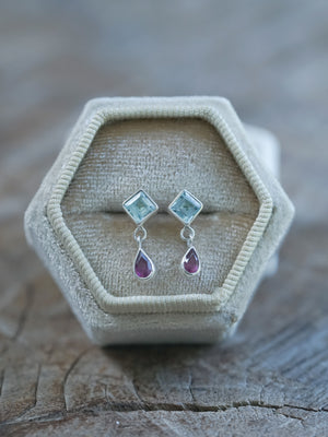 Blue Topaz and Garnet Earrings in velvet box