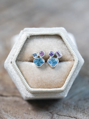 Blue Topaz and Sapphire Stud Earrings in Recycled Sterling Silver