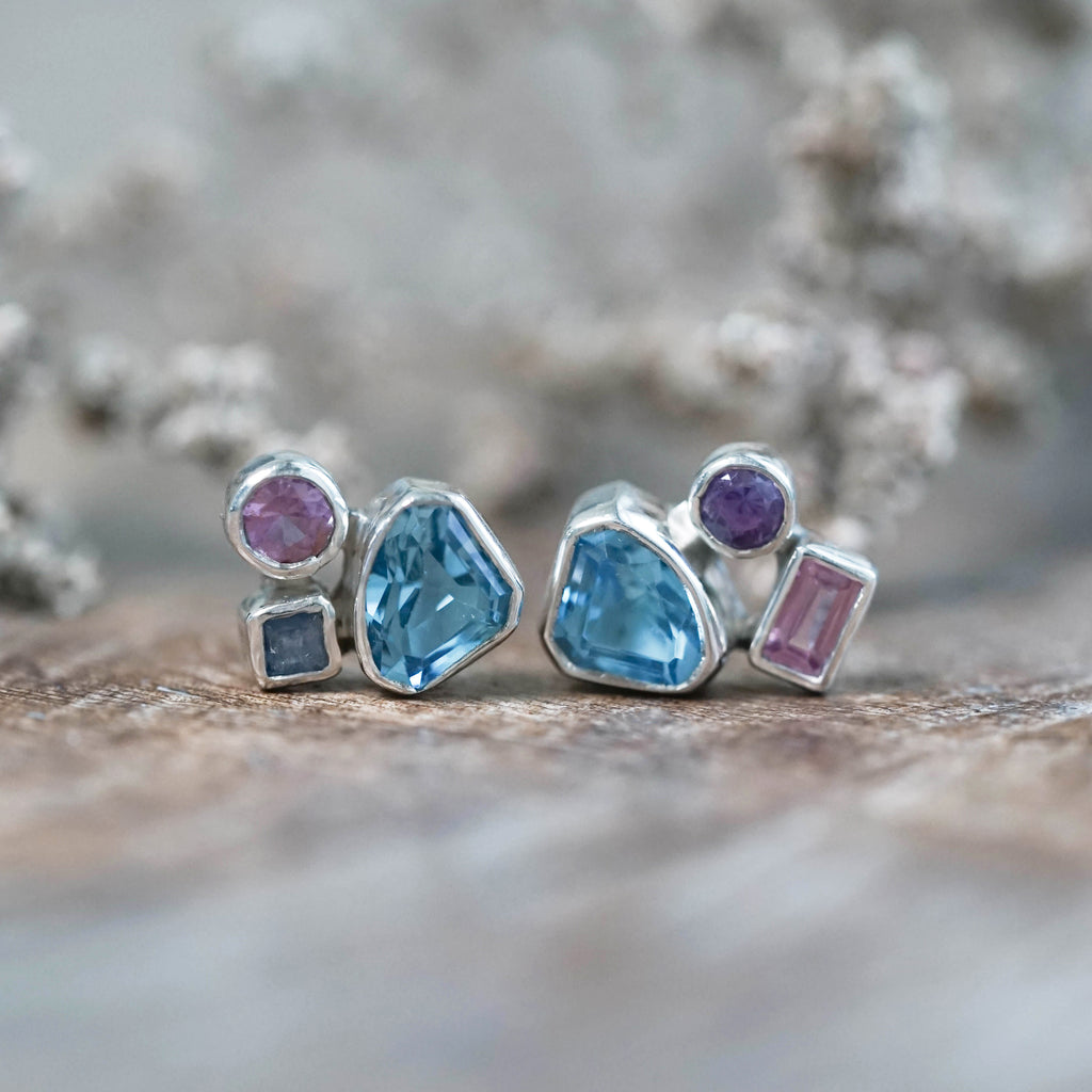 Blue Topaz and Sapphire Stud Earrings in Silver
