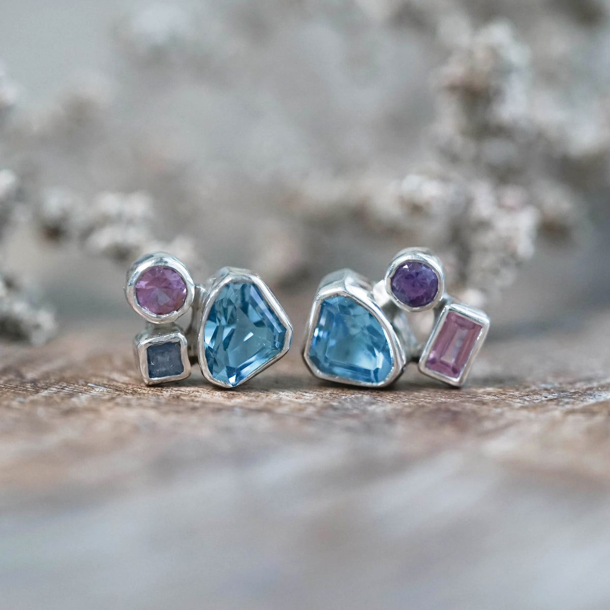 Blue Topaz and Sapphire Stud Earrings in Silver