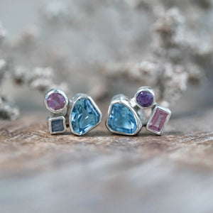 Blue Topaz and Sapphire Stud Earrings in Silver
