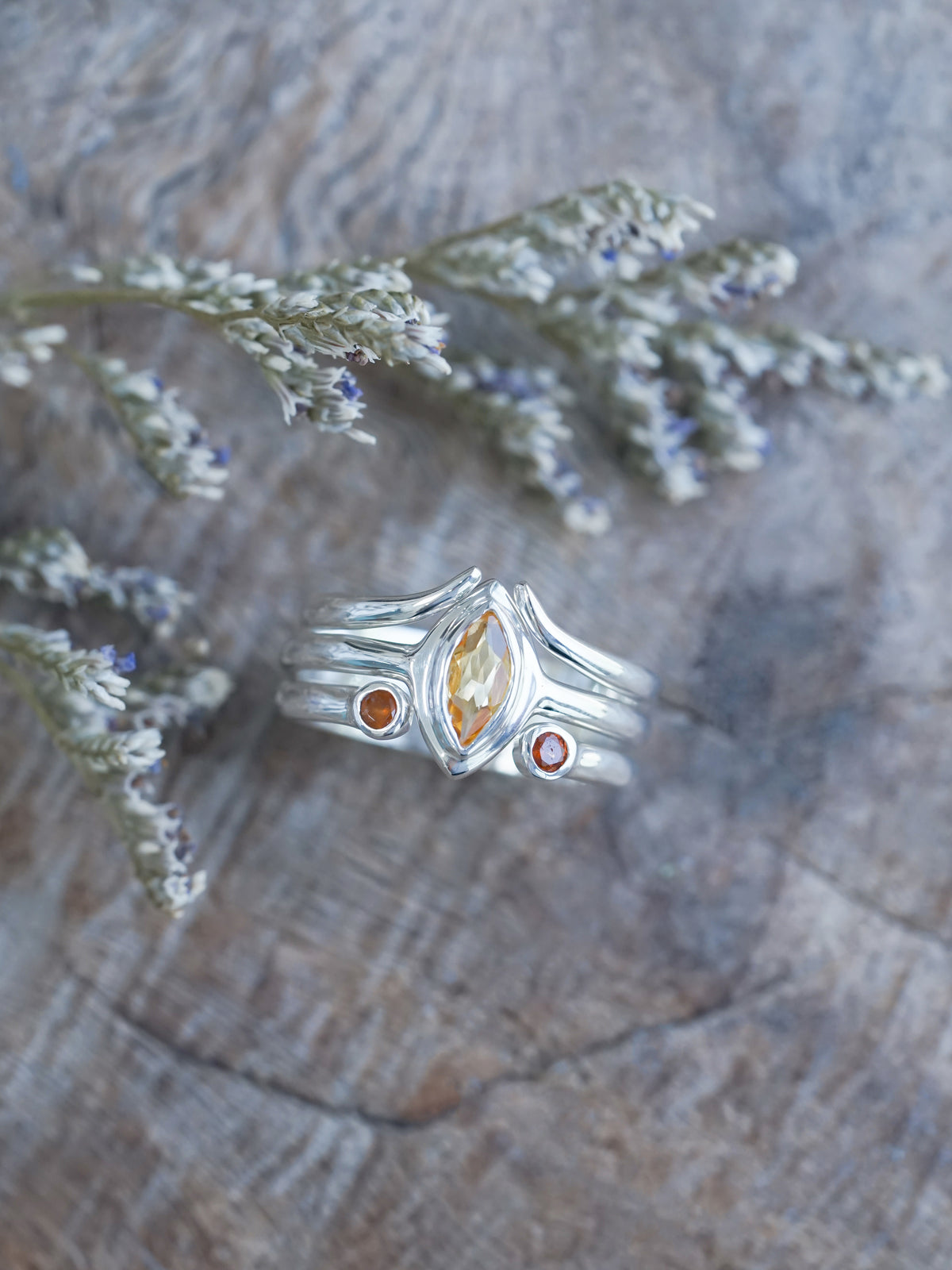 Citrine and Garnet Three Ring Set in sterling silver