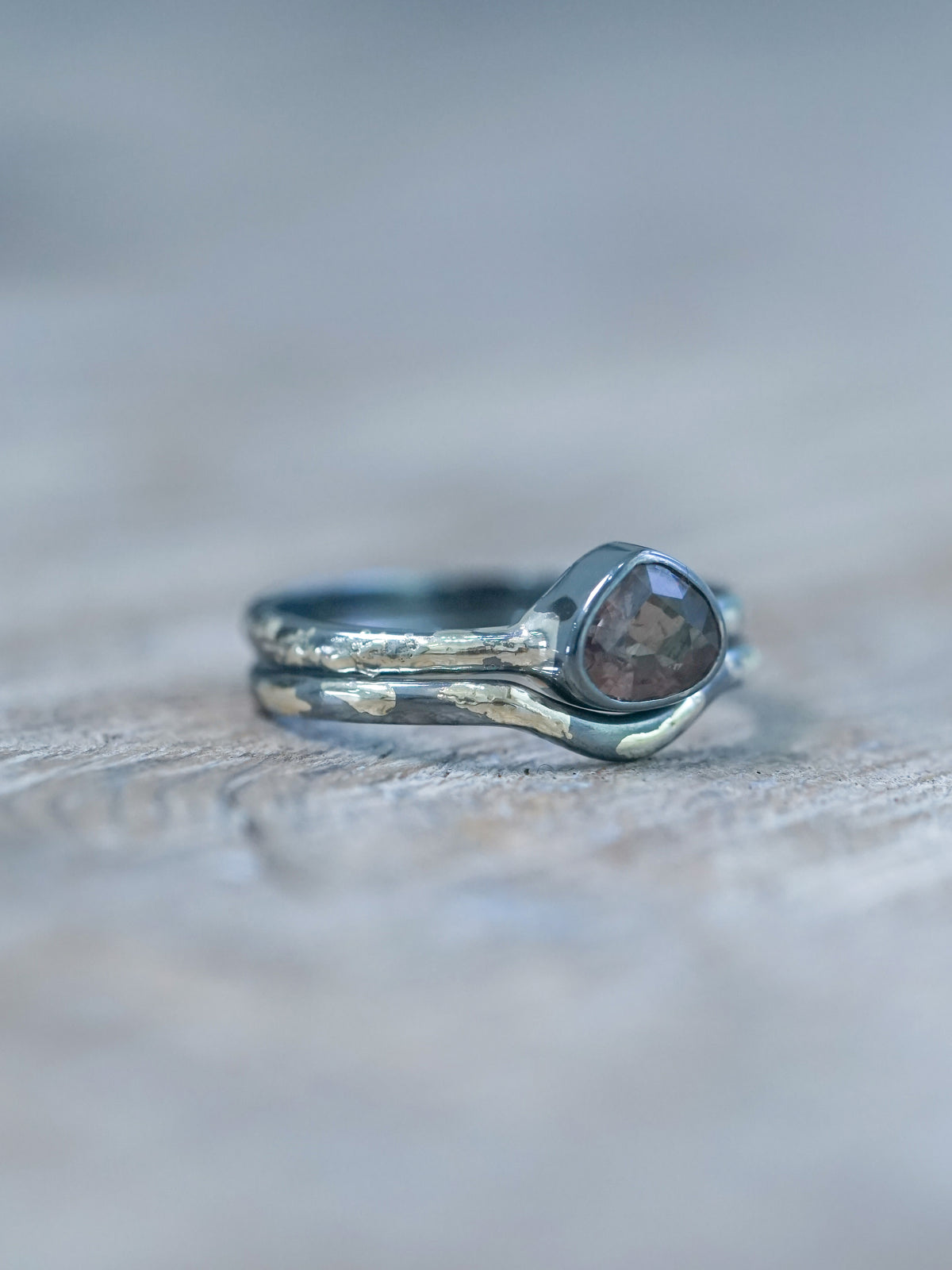 Color Change Garnet Ring Set in oxidized Recycled sterling silver