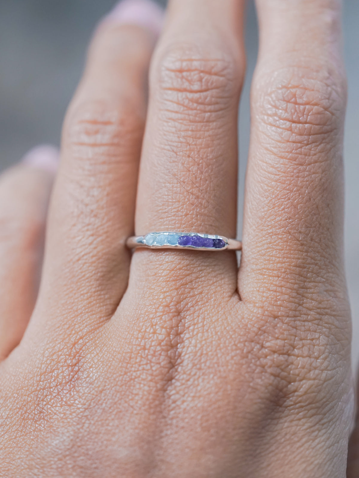 Colorful Aquamarine and Amethyst Ring with Hidden Gems in recycled sterling silver