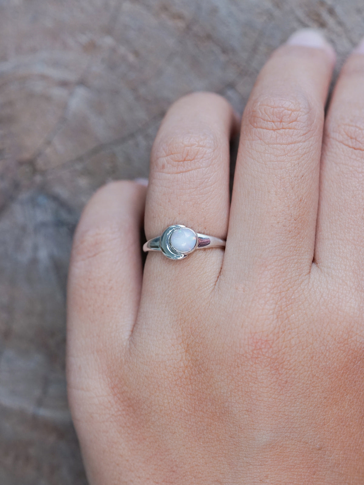 Crescent Opal Moon Ring - size 6