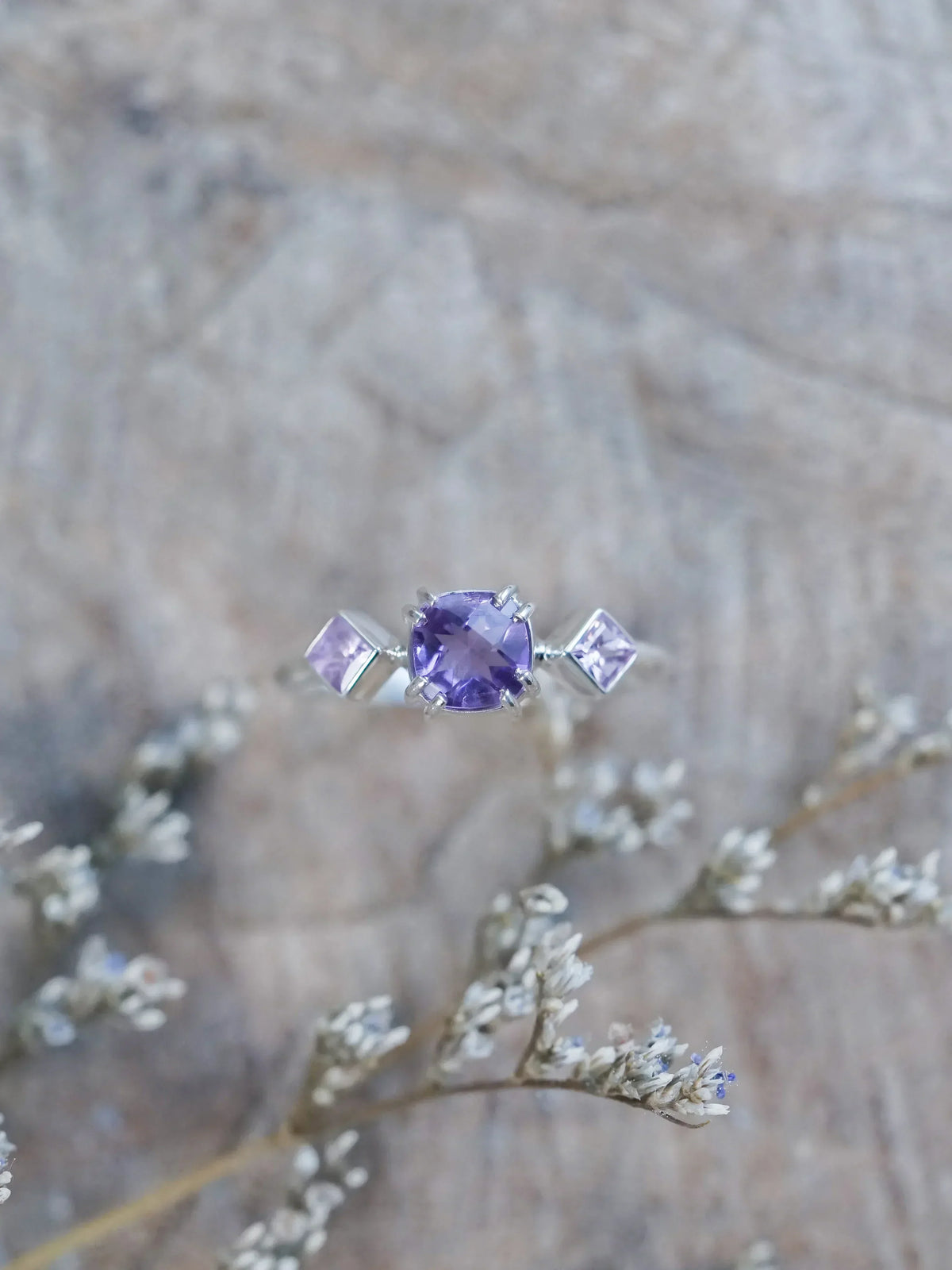 Cushion Cut Amethyst and Sapphire Ring in Silver
