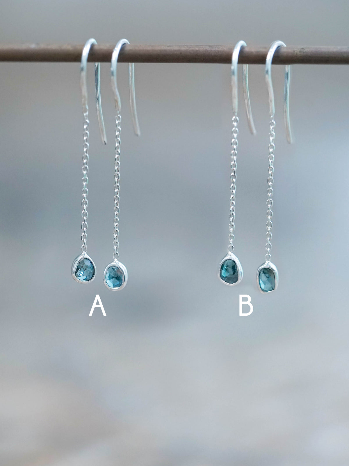 Dangling Blue Diamond Slice Earrings in Silver
