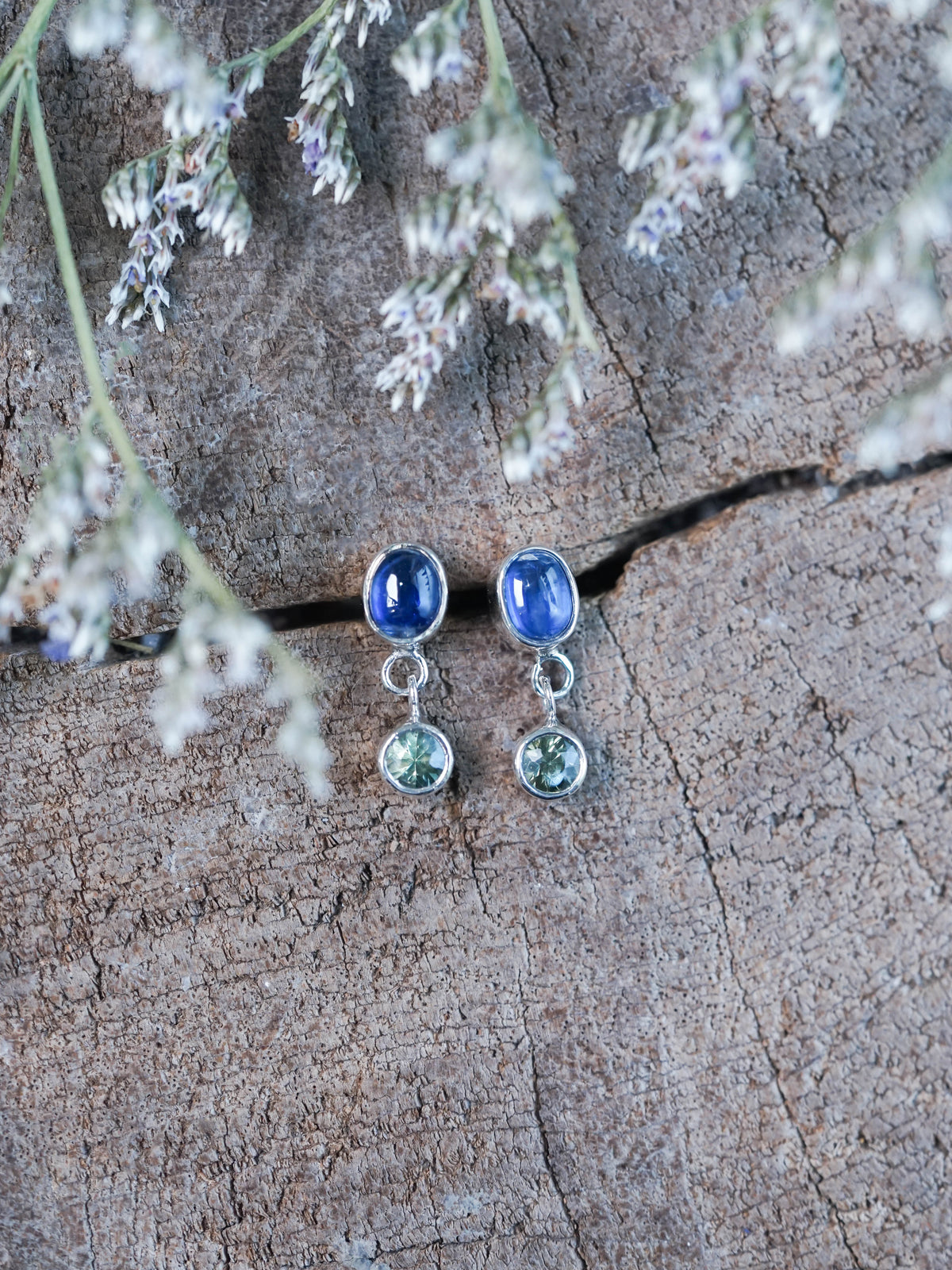 Dangling Kyanite and Green Sapphire Stud Earrings Silver