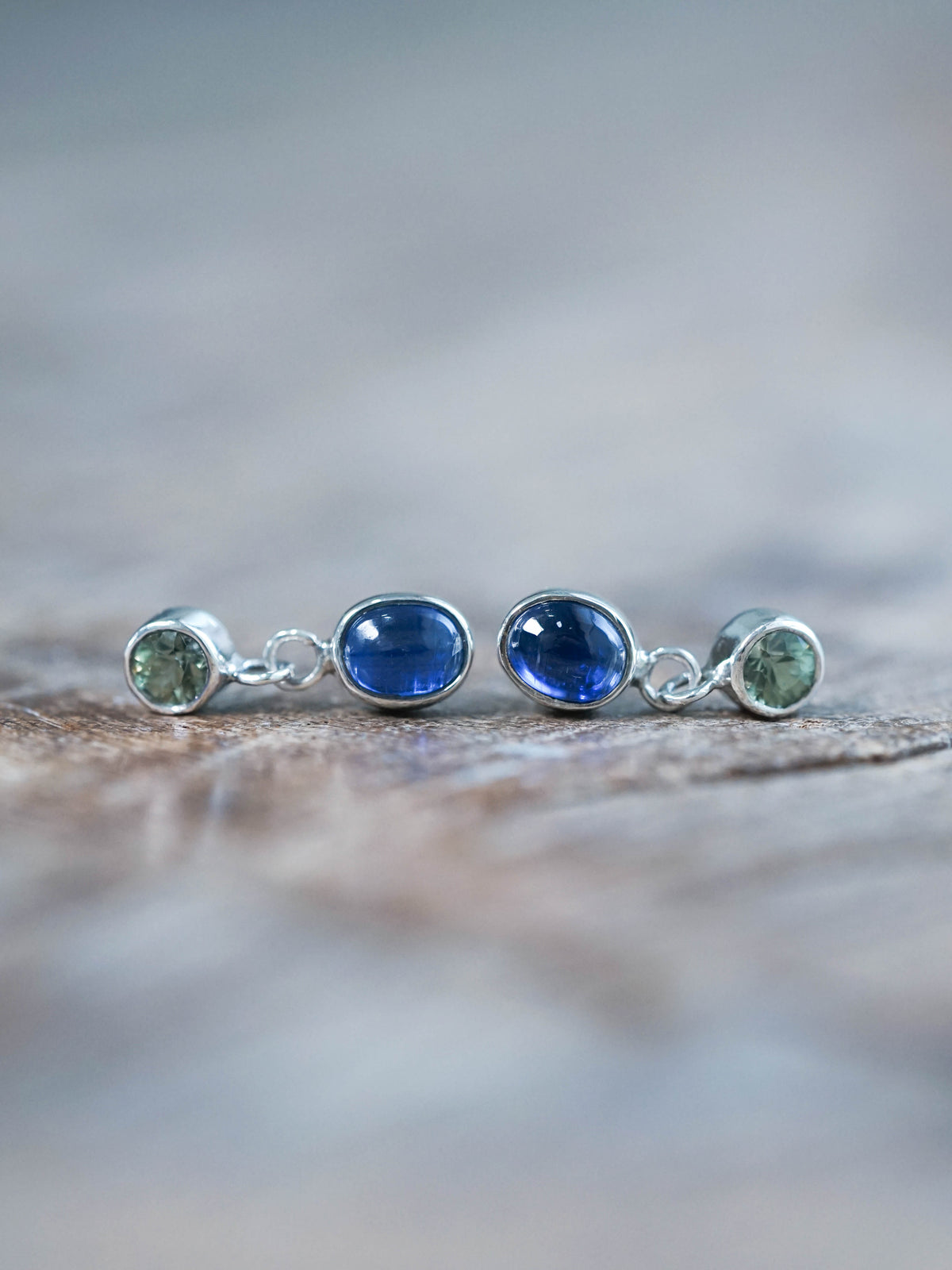 Dangling Kyanite and Green Sapphire Stud Earrings Sterling Silver