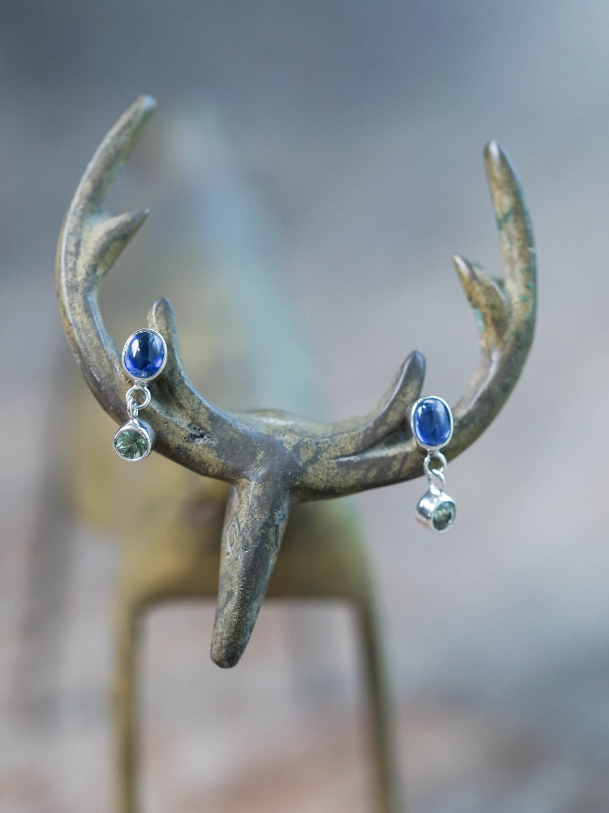 Dangling Kyanite and Green Sapphire Stud Earrings in Recycled Sterling Silver