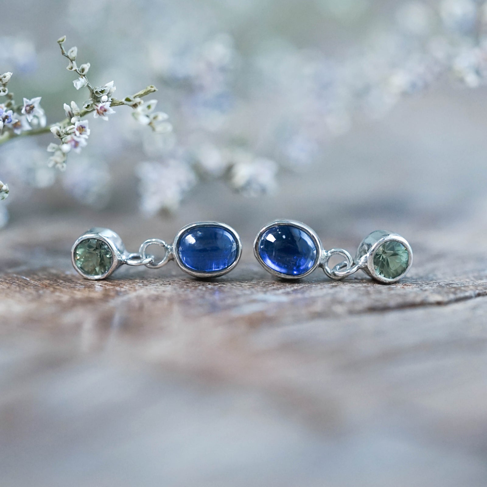 Dangling Kyanite and Green Sapphire Stud Earrings in Silver