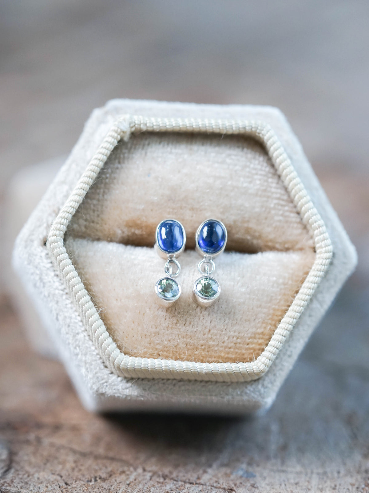 Dangling Kyanite and Green Sapphire Stud Earrings in Sterling Silver