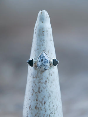 Dendritic Opal Shaped and Black Spinel Stone Ring