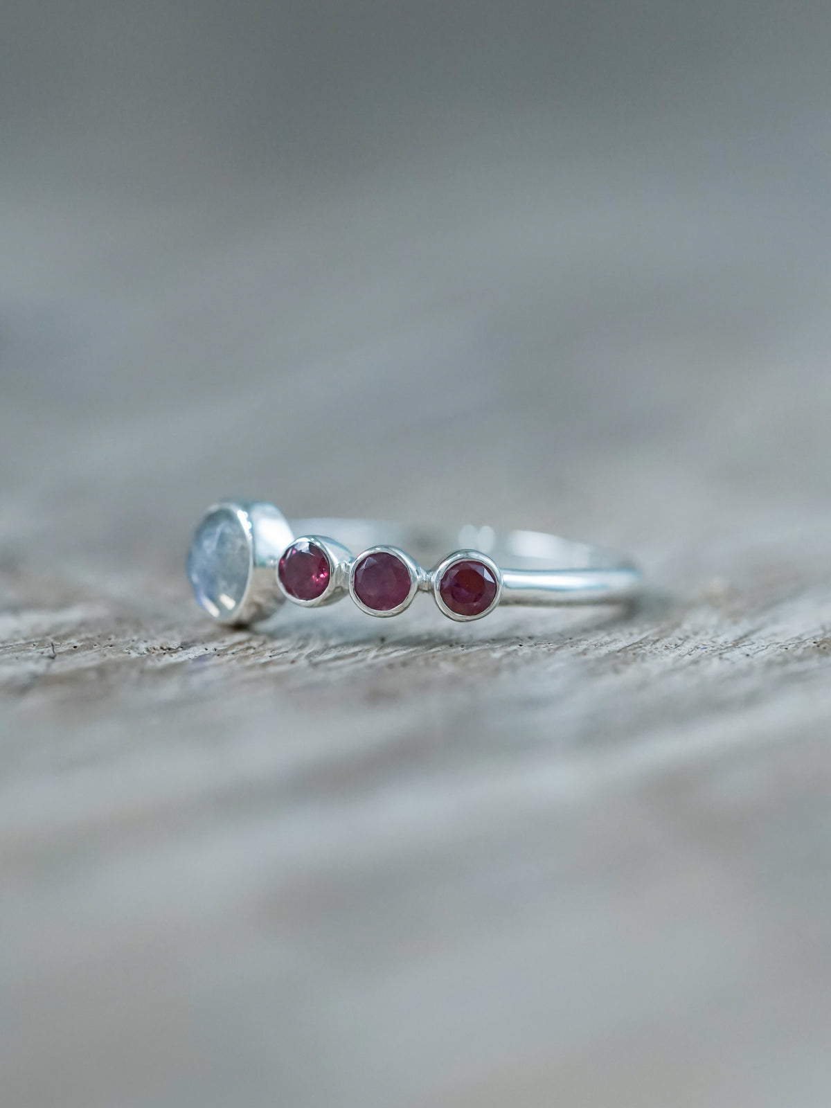 Detailed Rose Cut Labradorite and Garnet Ring in sterling silver
