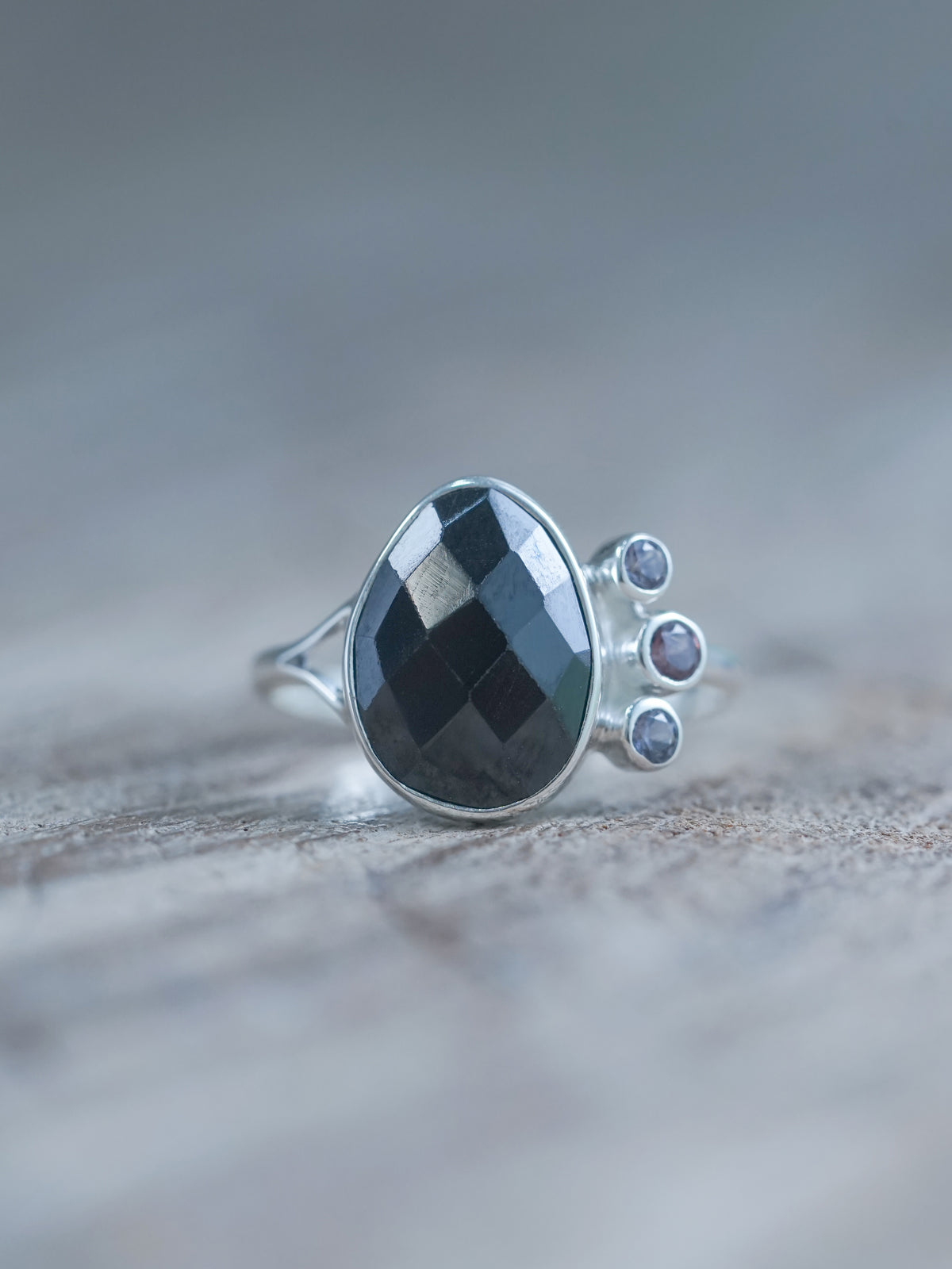 Detailed picture Black Onyx and 3 Purple Spinel Ring in Recycled sterling silver