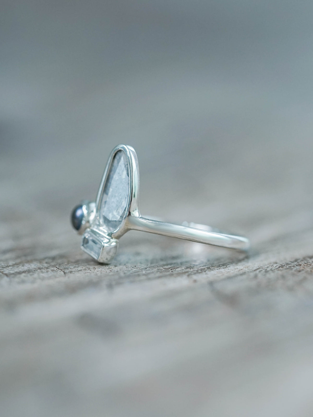 Diamond Slice, Pearl and Zircon Ring Recycled Sterling Silver