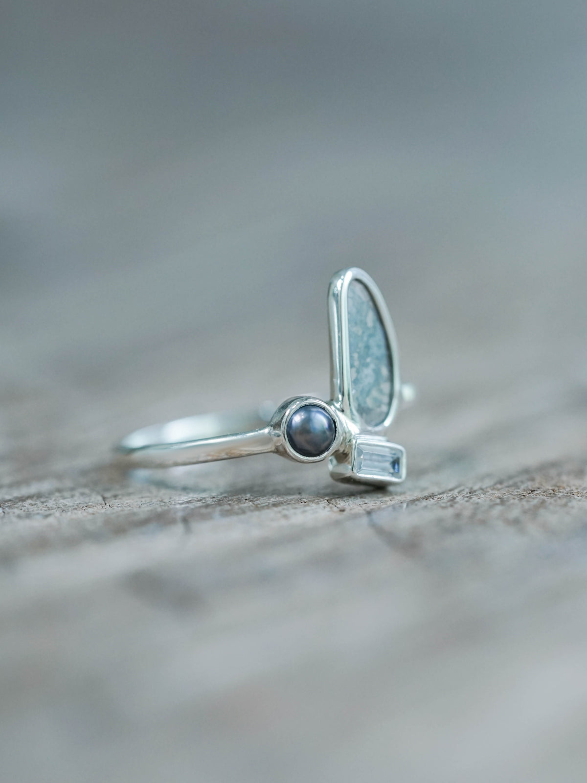 Diamond Slice, Pearl and Zircon Ring Sterling Silver