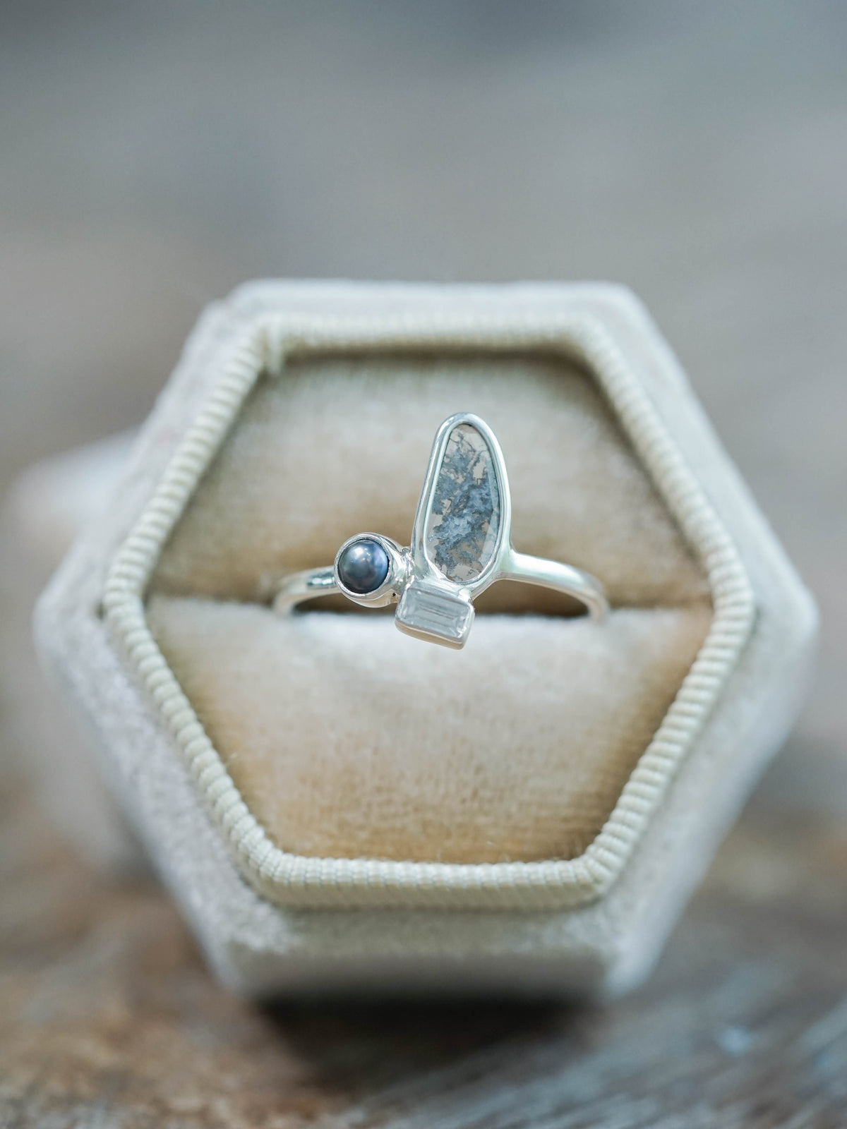 Diamond Slice, Pearl and Zircon Ring in Recycled Sterling Silver