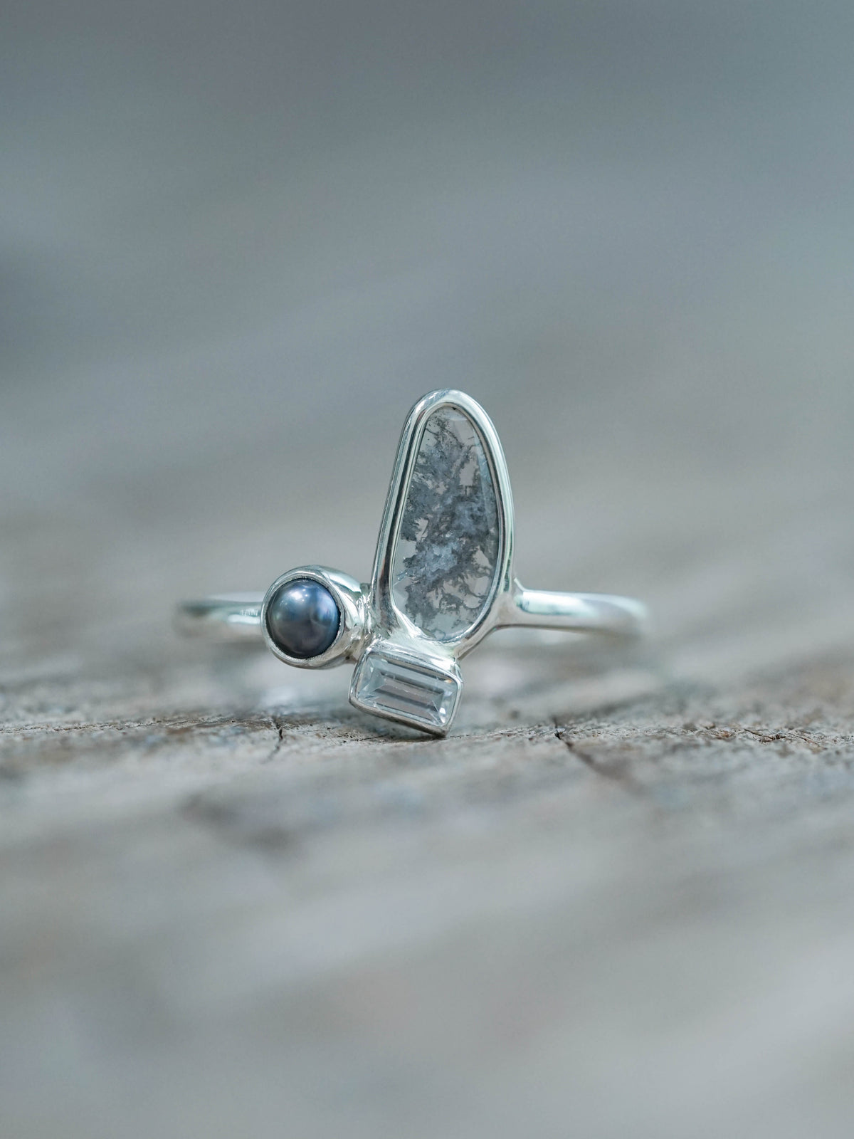 Diamond Slice, Pearl and Zircon Ring in Silver
