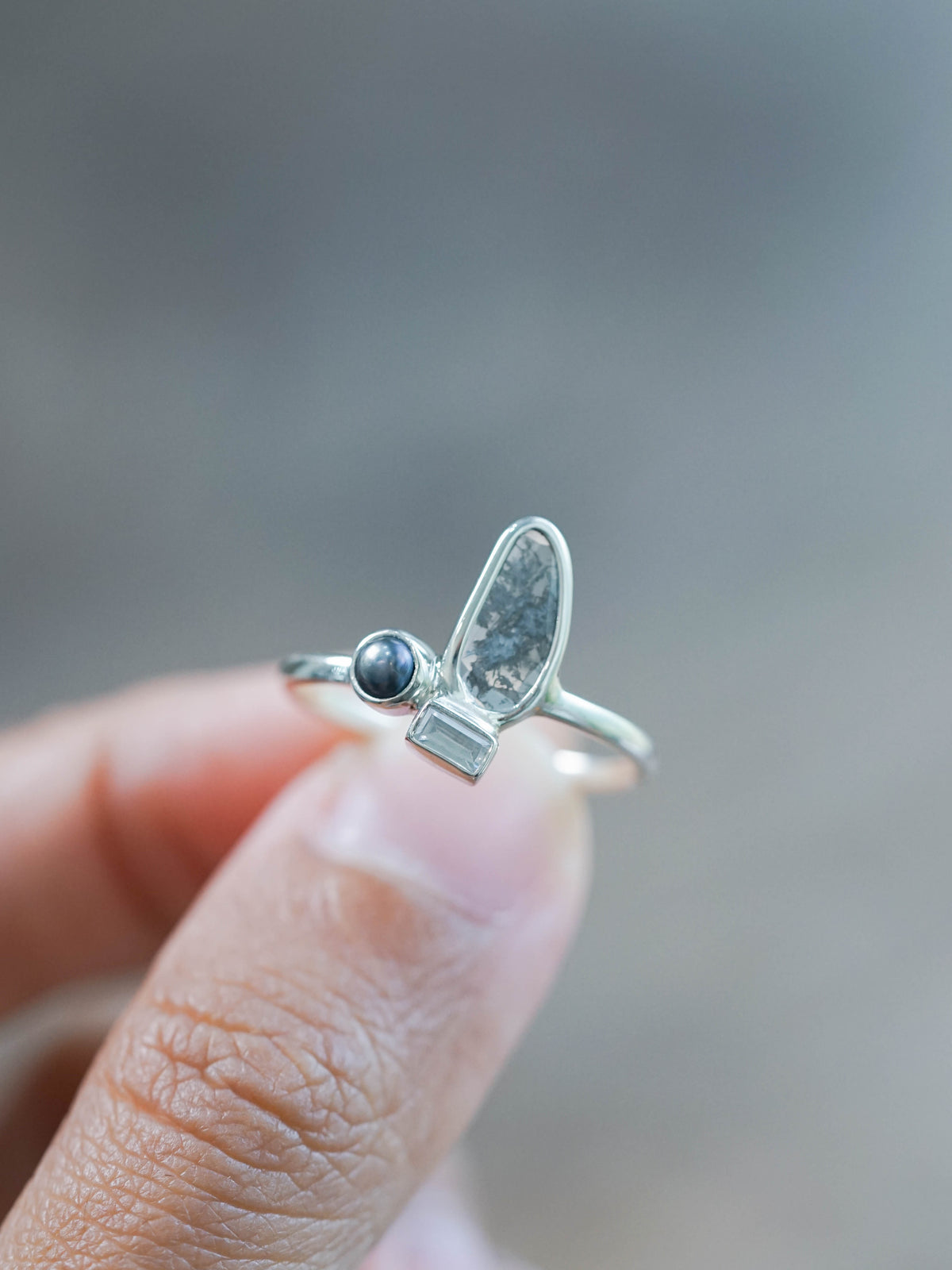 Diamond Slice, Pearl and Zircon Ring in Sterling Silver