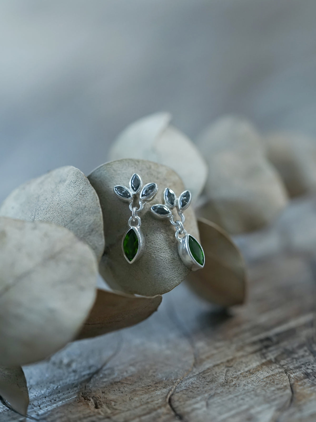 Chrome Diopside and Salt & Pepper Diamond Earrings - Gardens of the Sun | Ethical Jewelry