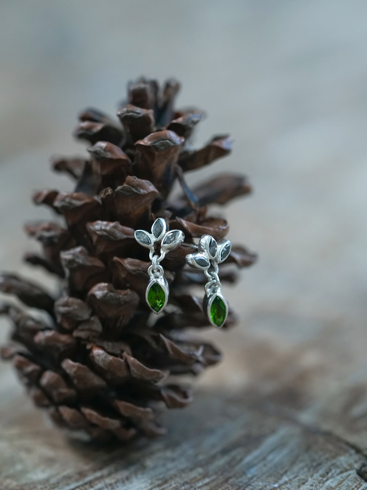 Chrome Diopside and Salt & Pepper Diamond Earrings - Gardens of the Sun | Ethical Jewelry