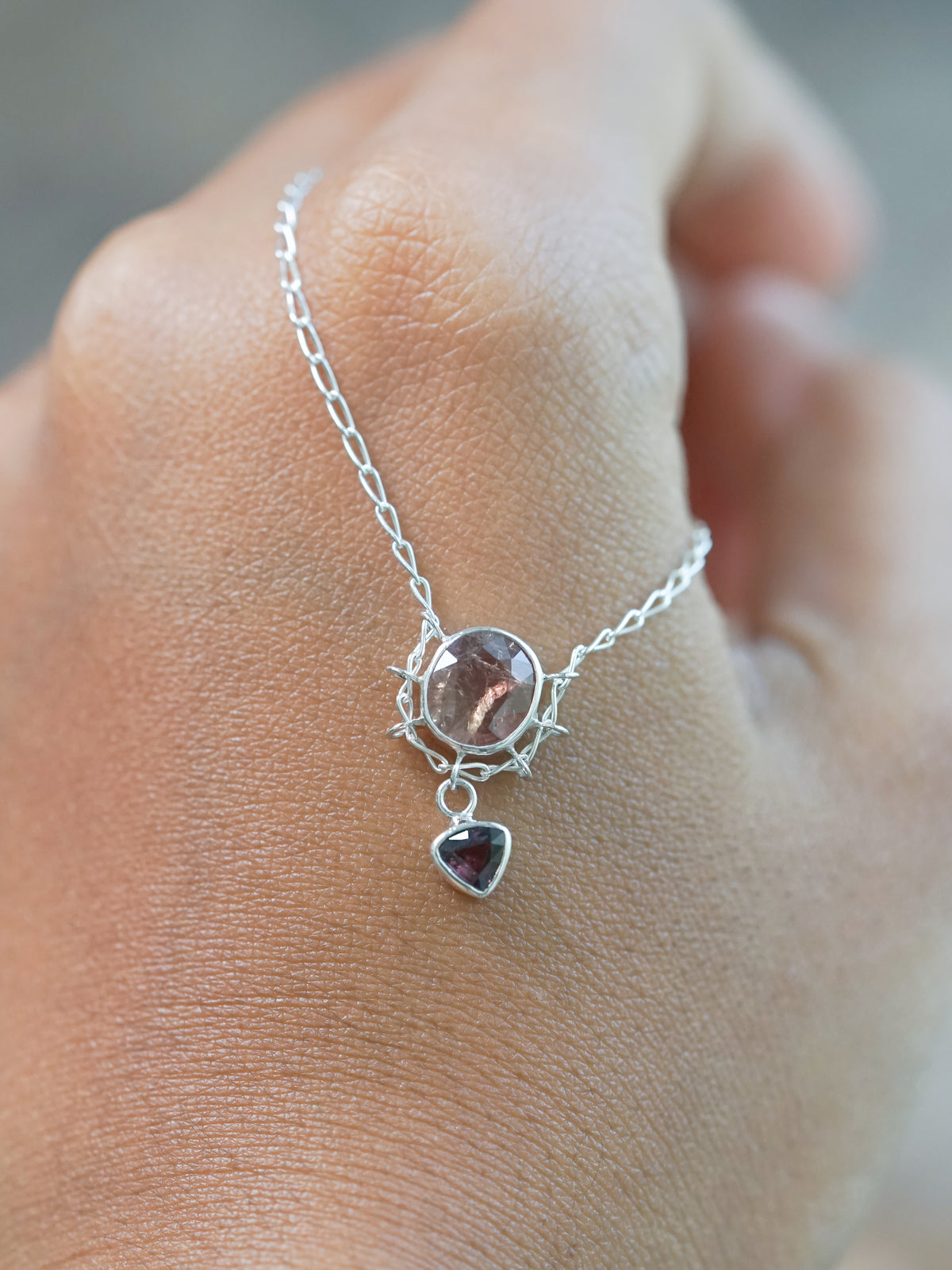 Double Sapphire Embrace Necklace in Silver