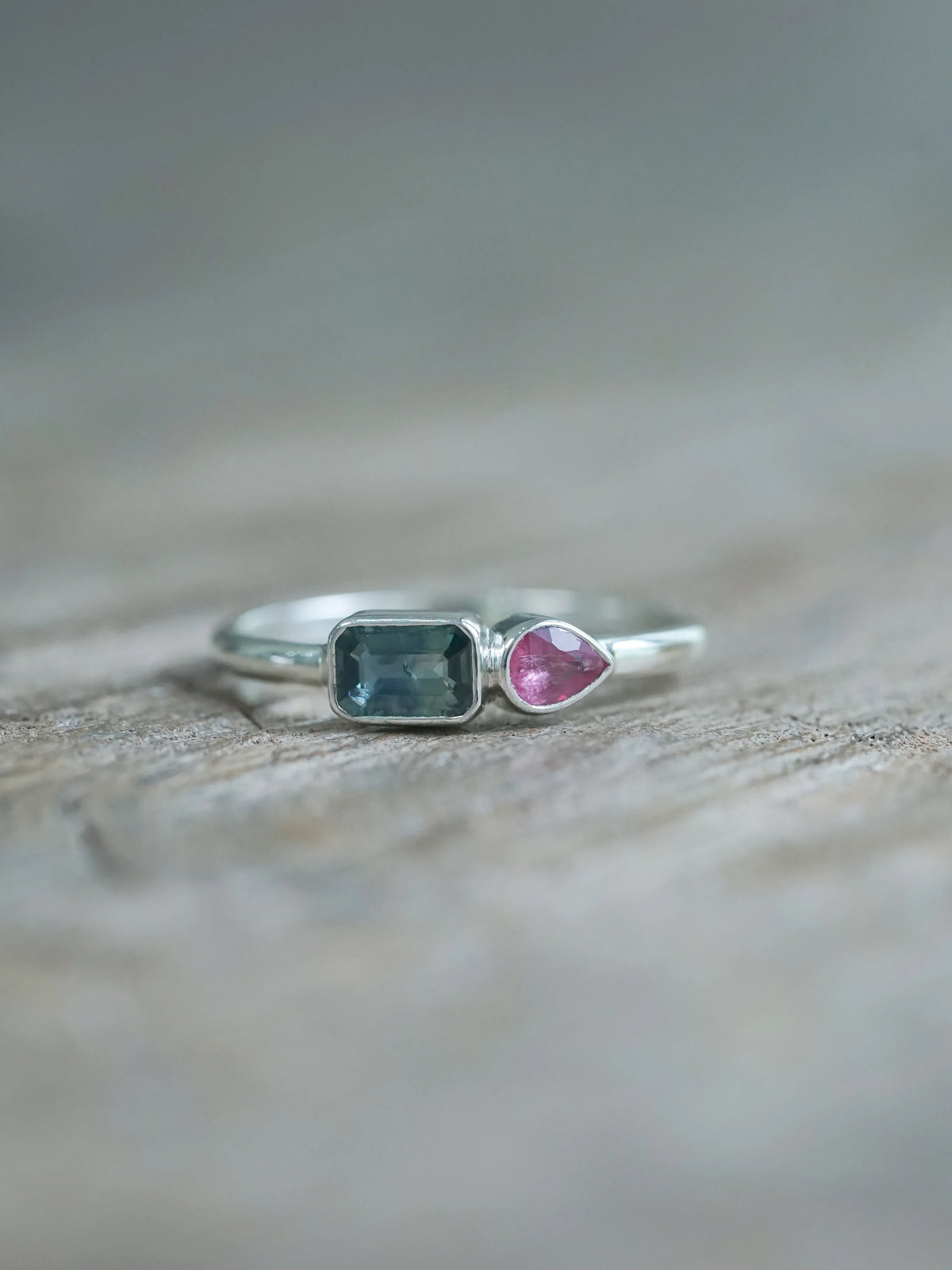 Teal and Pink Emerald Cut Sapphire Ring