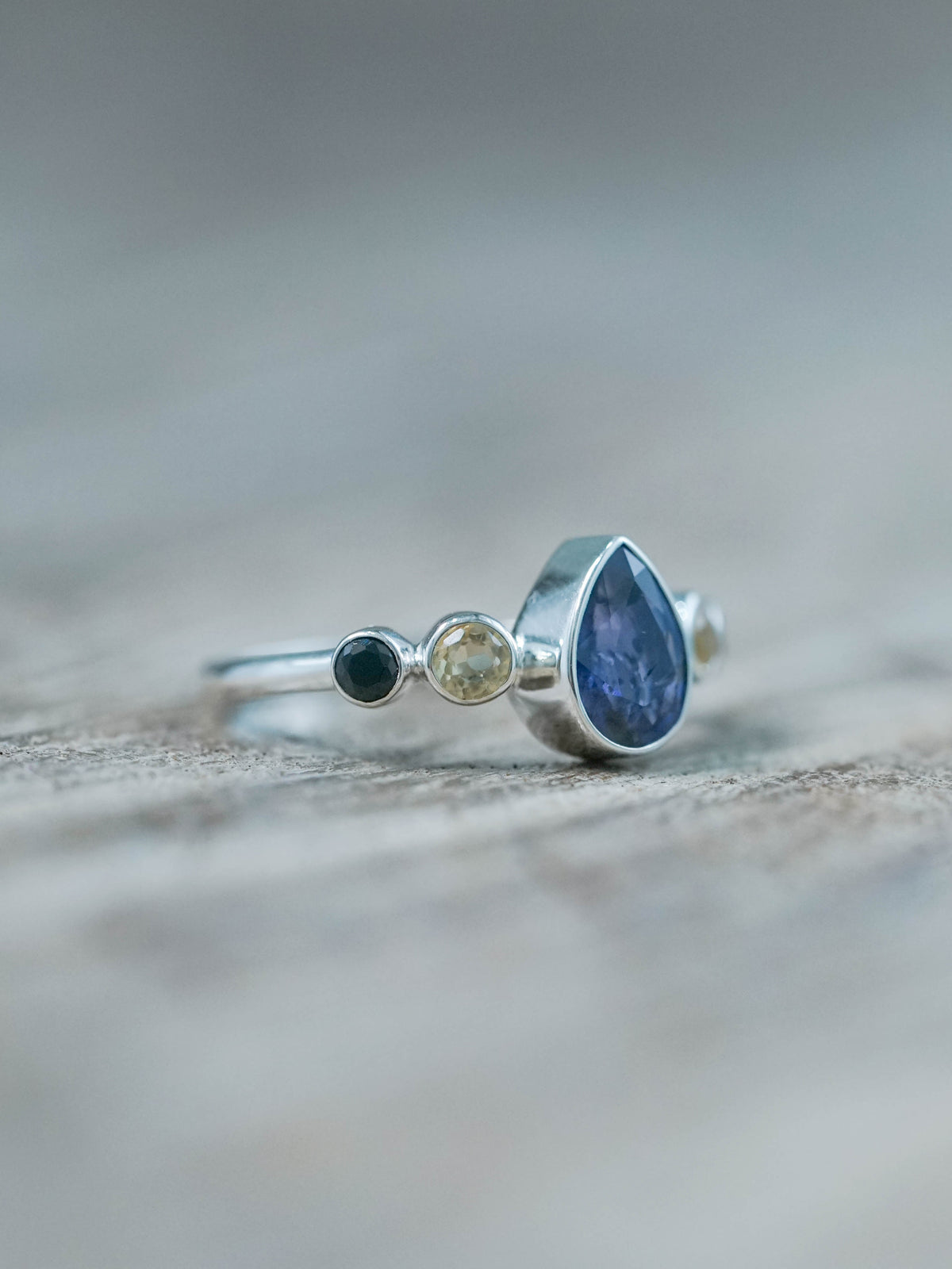 Ethical Purple Spotted Sapphire, Citrine and Black Spinel Ring in Silver