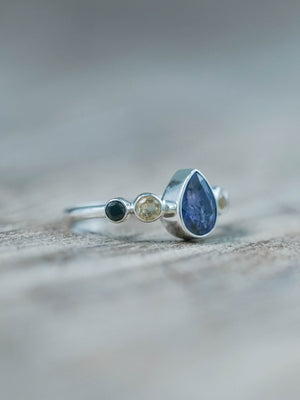 Ethical Purple Spotted Sapphire, Citrine and Black Spinel Ring in Silver