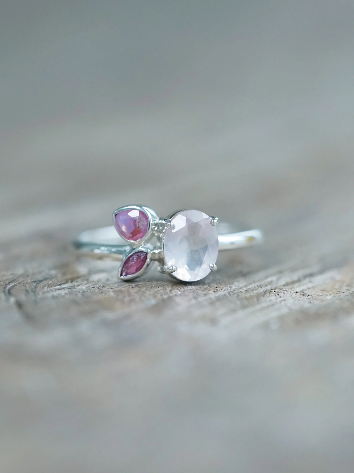 Ethical Rose Quartz, Ruby, and Pink Sapphire Ring