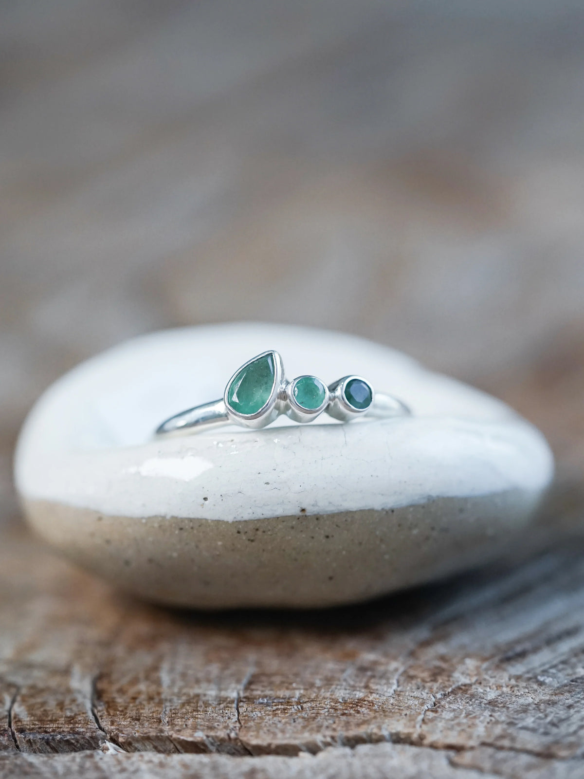 Ethical Round and Pear Emerald Ring in Sterling Silver