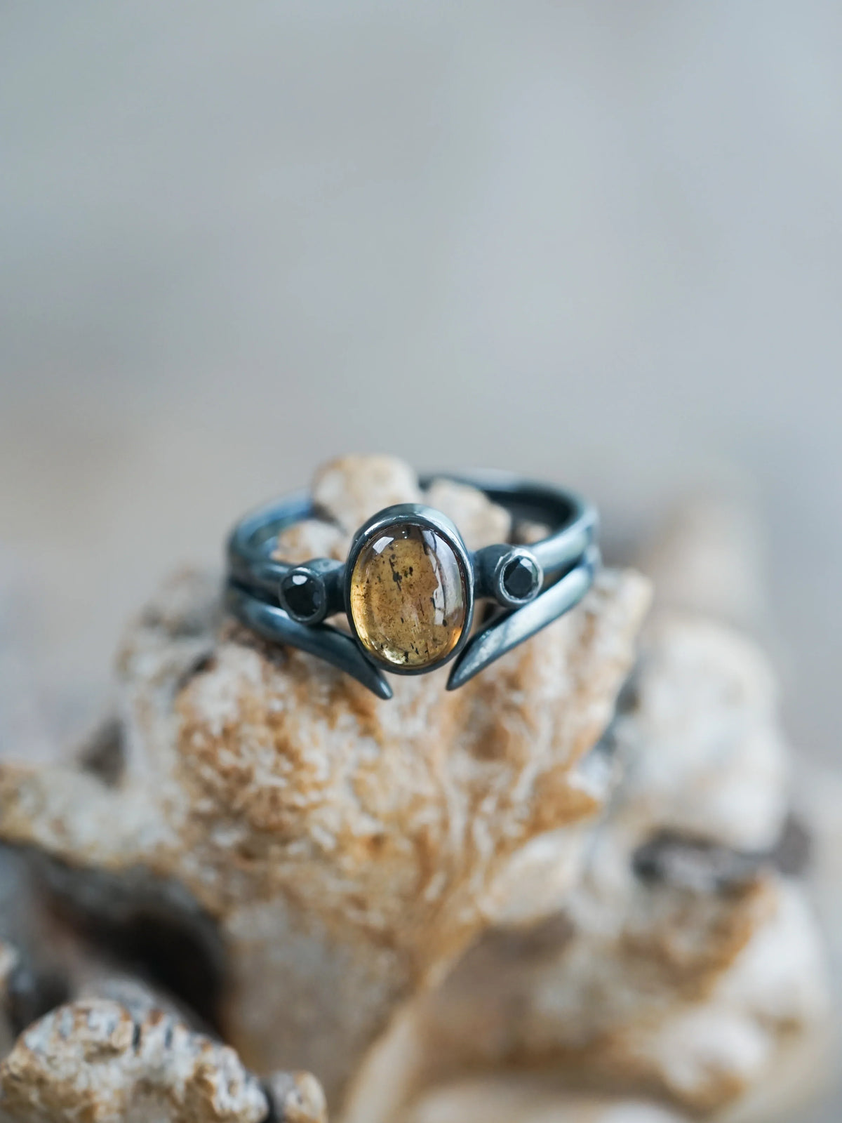 Ethical Sapphire and Black Spinel Ring Set in Oxidized Silver