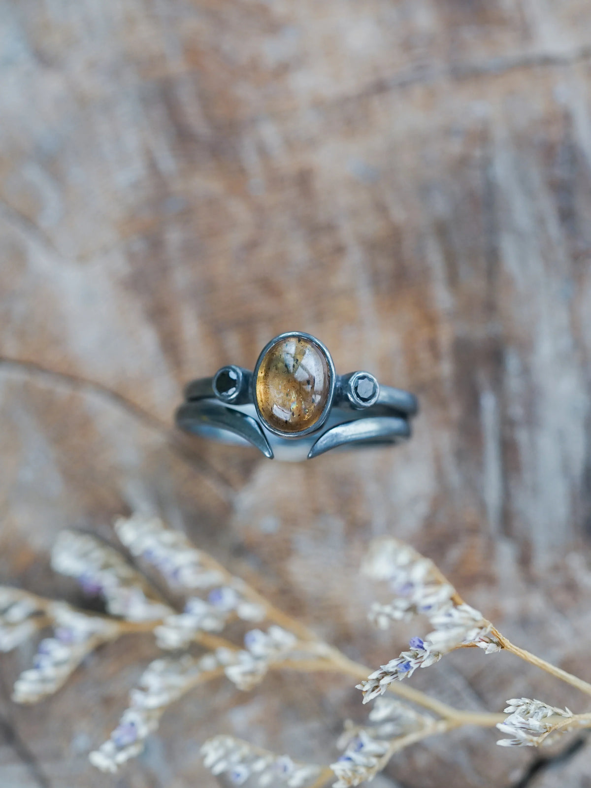 Ethical Sapphire and Black Spinel Ring Set in Oxidized Sterling Silver