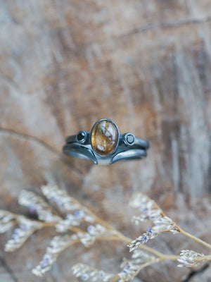 Ethical Sapphire and Black Spinel Ring Set in Oxidized Sterling Silver
