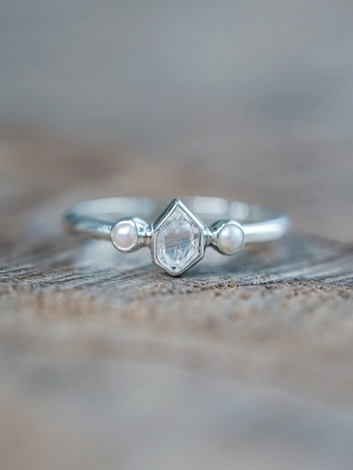 Pearl and Herkimer Diamond Ring