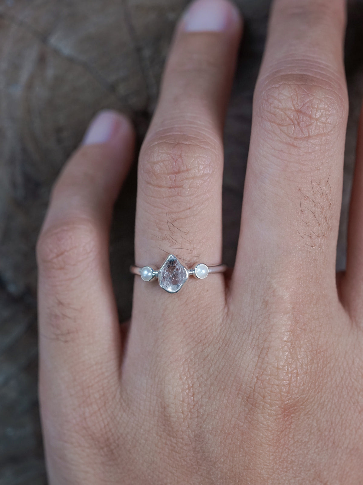 Pearl and Herkimer Diamond Ring