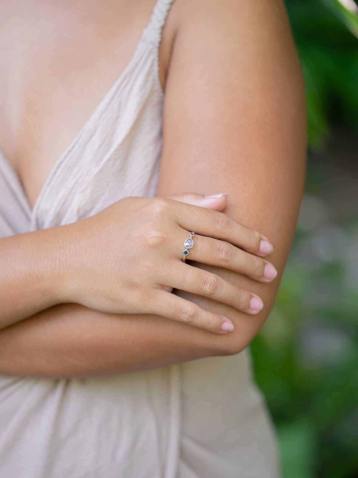 Rose Cut Tourmaline, Garnet, and Blue Topaz Ring