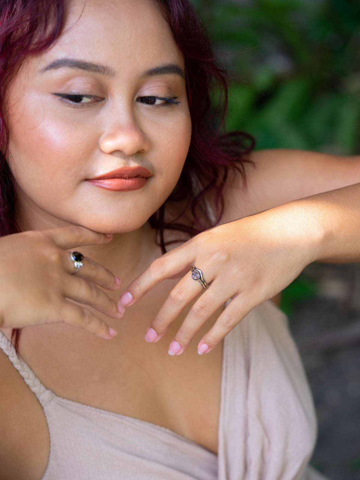 Color Change Garnet Ring Set in Black Gold