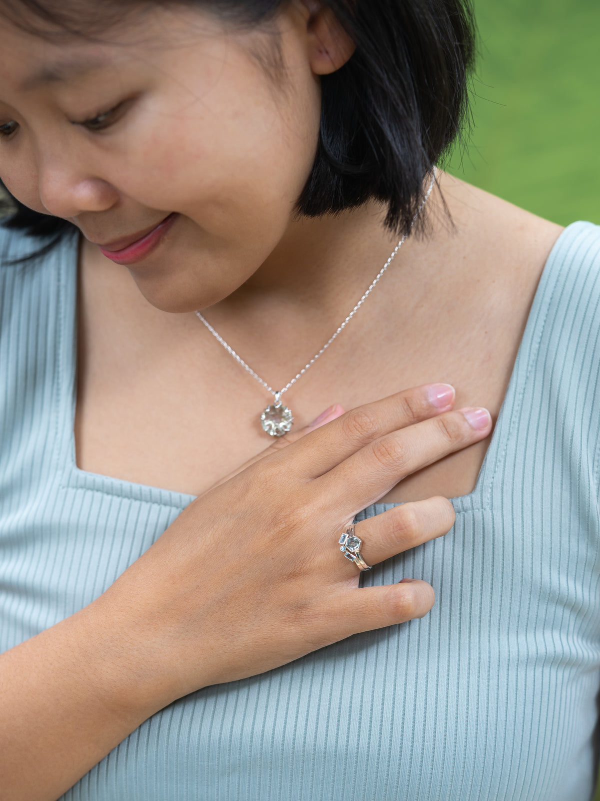 Green Amethyst and Aquamarine Ring - Gardens of the Sun | Ethical Jewelry