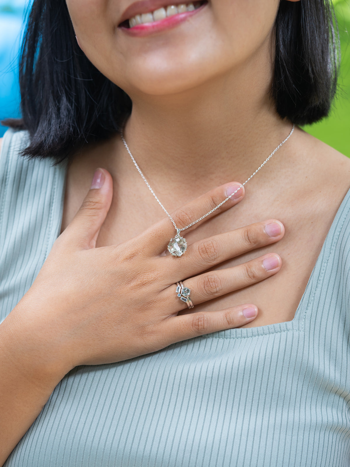 Green Amethyst and Aquamarine Ring - Gardens of the Sun | Ethical Jewelry