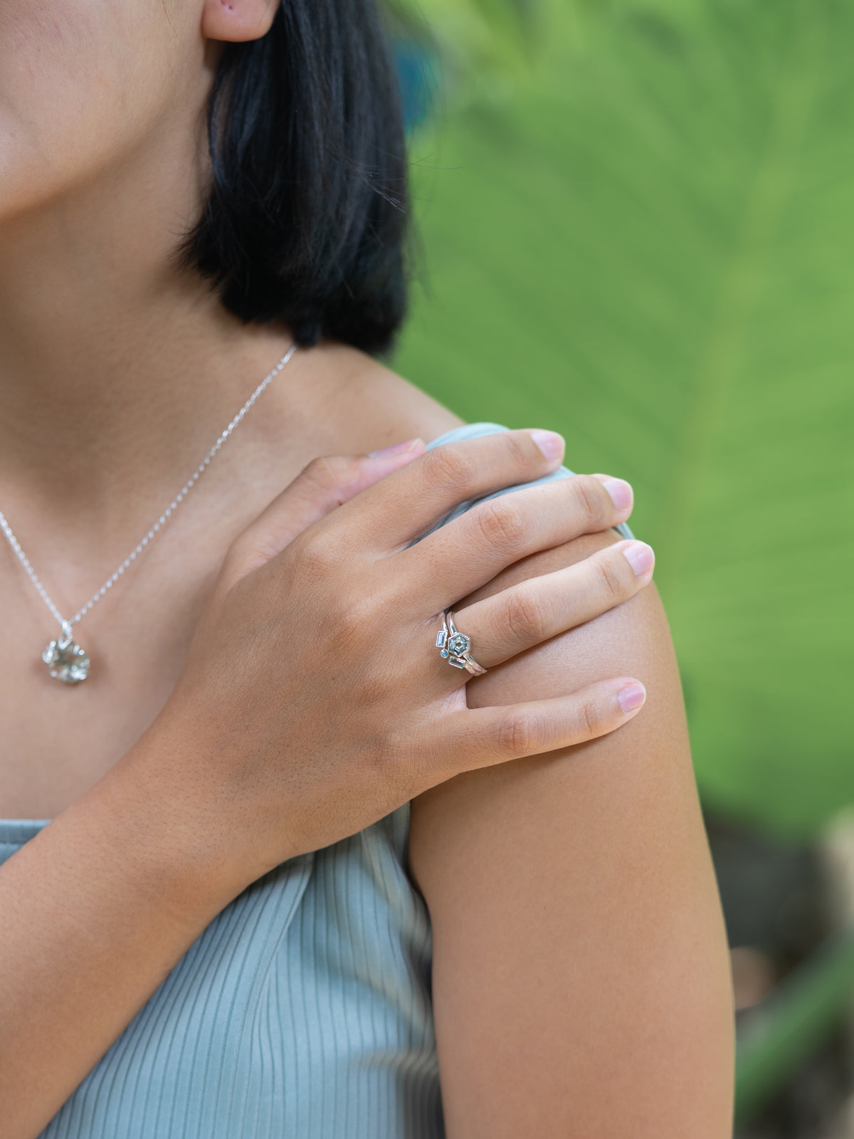 Green Amethyst and Aquamarine Ring - Gardens of the Sun | Ethical Jewelry