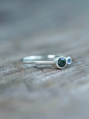 Green Sapphire and Rainbow Moonstone Ring