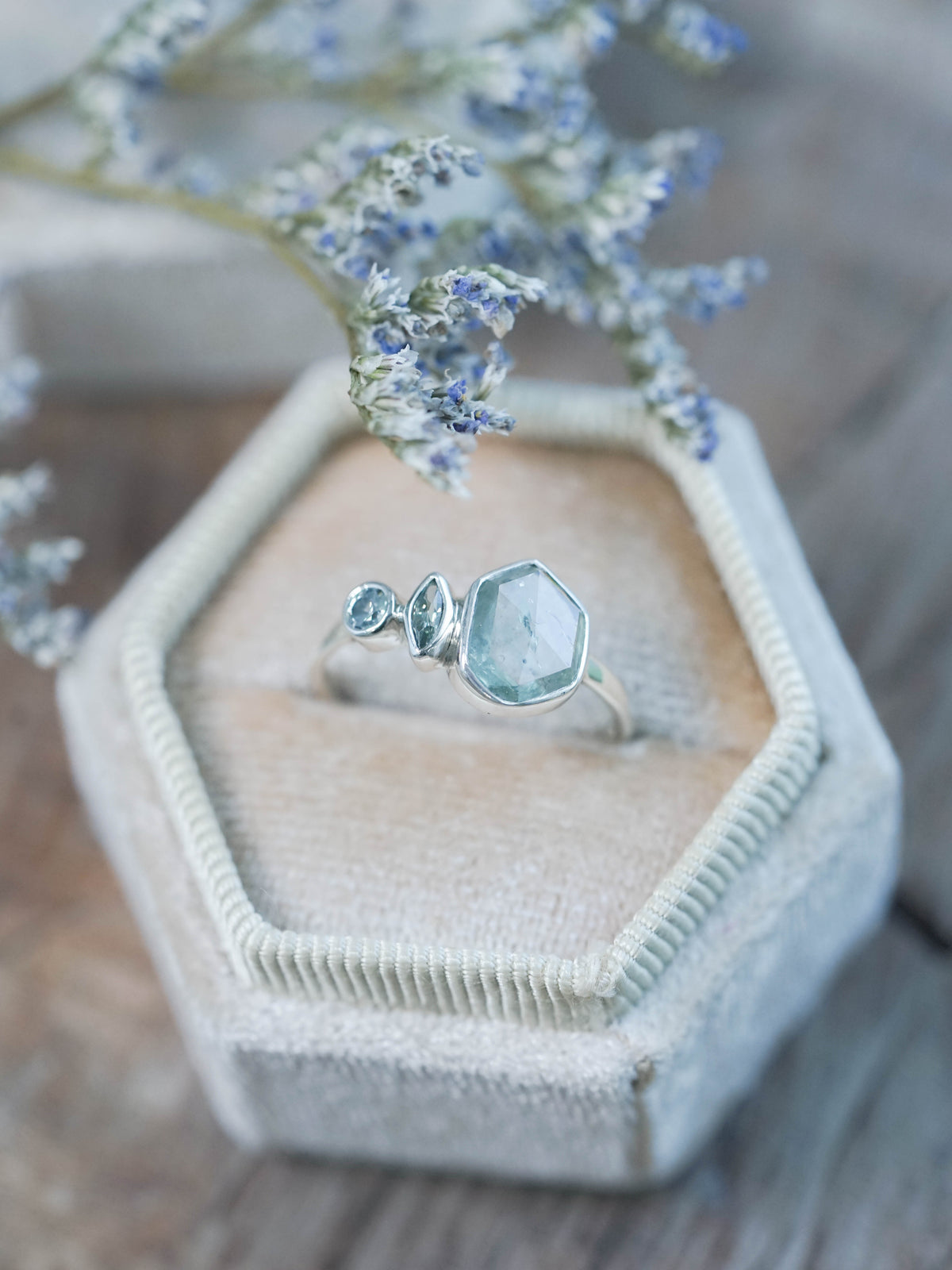 Green Montana Sapphire Ring in velvet box