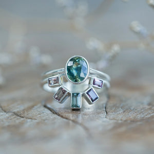 Green Oval and Baguette Sapphire Ring
